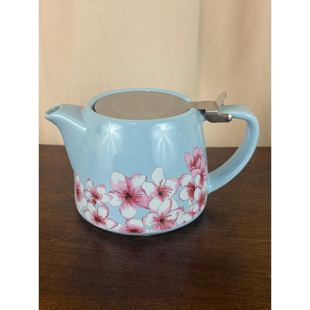 Alfred Light Blue Chery Blossom Floral Ceramic Teapot Stainless Lid 20 oz.
